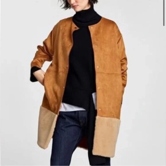 Zara Jacket Womens Small Suede & Fur Brown Golden Snap Buttons Classy Preppy - Picture 1 of 10